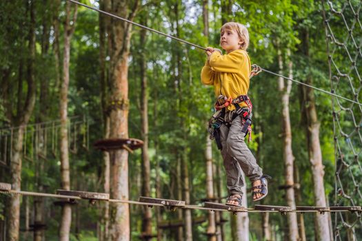 Little boy in a rope park. Active physical recreation of the child in the fresh air in the park. Training for children.