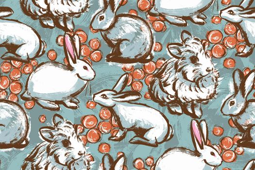 Seamless pattern. White rabbits with carrots on a blue background. Illustration in the style of a casual vintage sketch by hand.