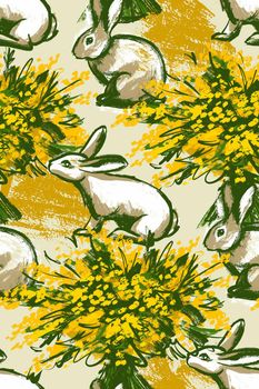 Seamless pattern. Cute rabbits with mimosa flowers on a beige yellow background. Delicate spring pattern.