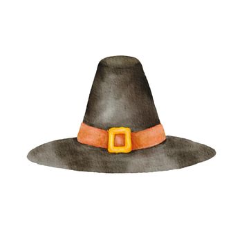 Watercolor Pilgrim hat. Hand drawn illustration isolated on white. Traditional black hat as symbol of Thanksgiving holiday