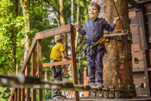 Two little boys in a rope park. Active physical recreation of the child in the fresh air in the park. Training for children.