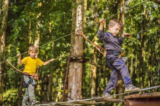 Two little boys in a rope park. Active physical recreation of the child in the fresh air in the park. Training for children.