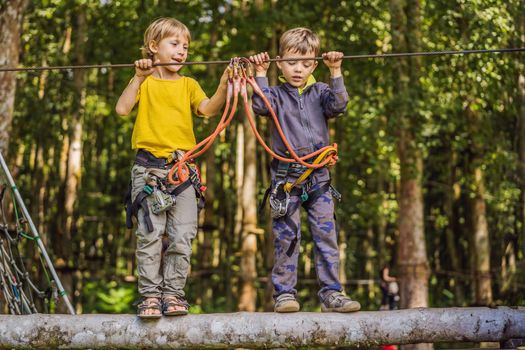 Two little boys in a rope park. Active physical recreation of the child in the fresh air in the park. Training for children.