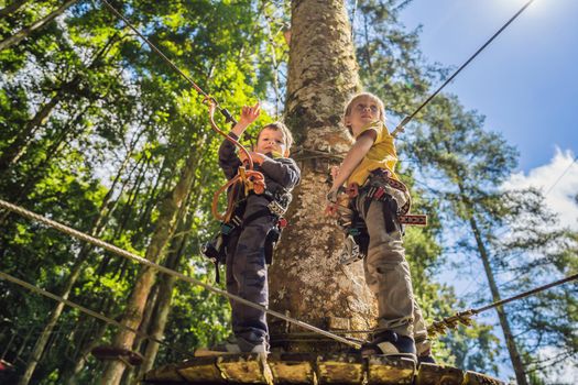 Two little boys in a rope park. Active physical recreation of the child in the fresh air in the park. Training for children.