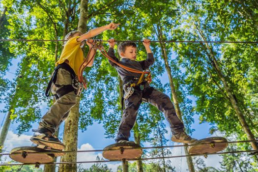 Two little boys in a rope park. Active physical recreation of the child in the fresh air in the park. Training for children.