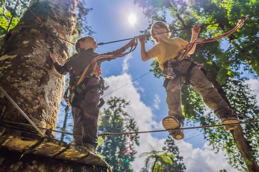 Two little boys in a rope park. Active physical recreation of the child in the fresh air in the park. Training for children.