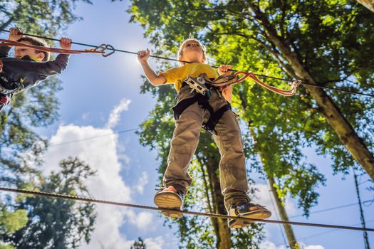 Two little boys in a rope park. Active physical recreation of the child in the fresh air in the park. Training for children.