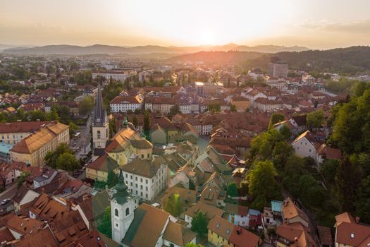 Aerial panorama of the Slovenian capital Ljubljana at sunset