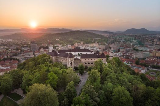 Aerial panorama of the Slovenian capital Ljubljana at sunset