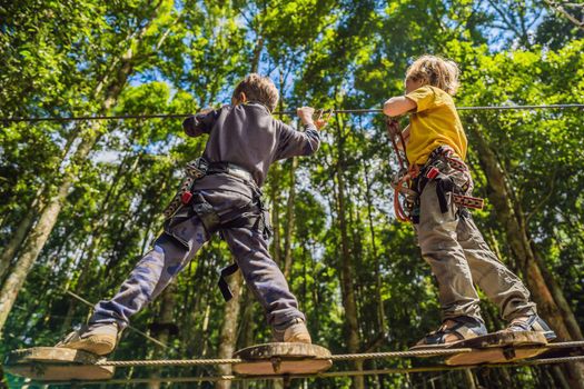 Two little boys in a rope park. Active physical recreation of the child in the fresh air in the park. Training for children.