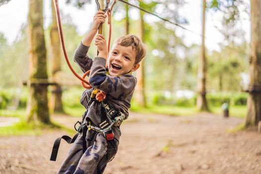 Little boy in a rope park. Active physical recreation of the child in the fresh air in the park. Training for children.
