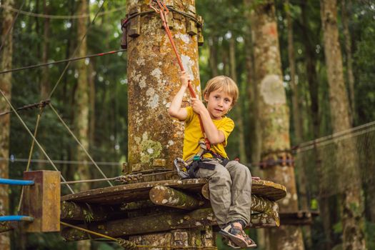 Little boy in a rope park. Active physical recreation of the child in the fresh air in the park. Training for children.