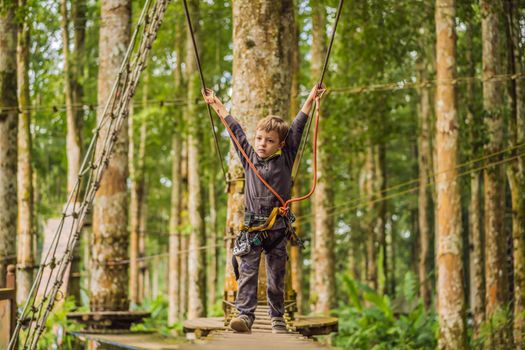 Little boy in a rope park. Active physical recreation of the child in the fresh air in the park. Training for children.