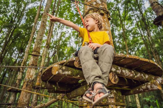 Little boy in a rope park. Active physical recreation of the child in the fresh air in the park. Training for children.