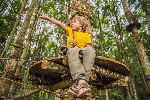 Little boy in a rope park. Active physical recreation of the child in the fresh air in the park. Training for children.