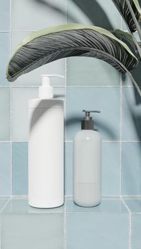 Sample of bathroom products on tiled backdrop for sample of perfumery and bathroom products.