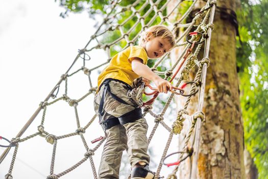 Little boy in a rope park. Active physical recreation of the child in the fresh air in the park. Training for children.