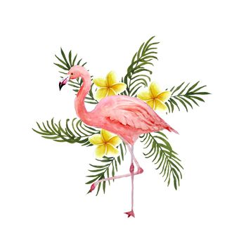 Watercolor hand drawn illustration with pink flamingo bird and tropical green palm leaves plumeria frangipani flowers on background. Summer vacation holiday concept. Print for card invitation t-shirt decor