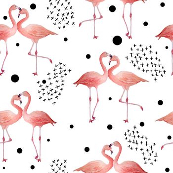 Seamless pattern of pink flamingo with black trendy contemporary background. Romantic couple in love.Tropical exotic bird rose flamingos. Watercolor hand drawn animal illustration. Modern bird textile