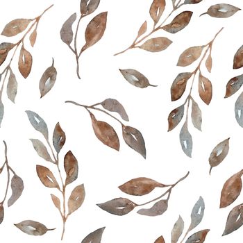 Watercolor seamless hand drawn pattern of grey gray brown neutral faded leaves leaf. Soft colors for textile design wallpaper. Elegant boho bohemins style for modern minimalist floral decor