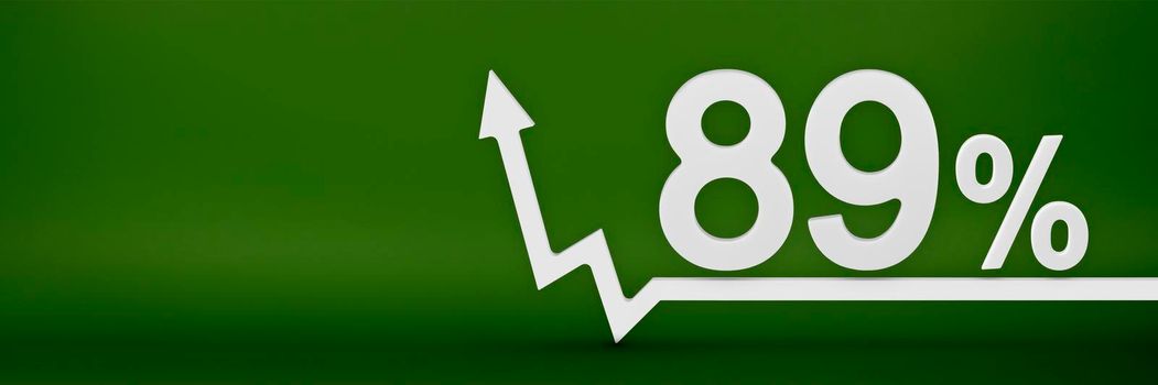 89 percent. The arrow on the graph points up. Rising prices, inflation, increase in income, increase in interest rates, taxes. 3d banner, eighty nine percent sign discount on a green background