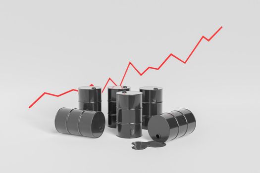 3D illustration of black barrels of crude oil and rising price graph against gray background