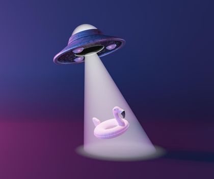 3D illustration of flying saucer using beam of light to steal pink flamingo shaped float against violet background