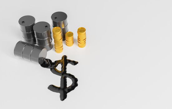 3D illustration of stacks of golden coins and black barrels near dollar symbol from leaking crude oil against gray background