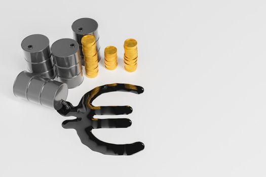 3D illustration of crude oil leaking from barrel and forming euro symbol near piles of coins on gray background