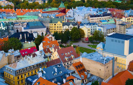 Top view of Riga Cityscape Old Town with colourful buildings from Saint Peter church, Riga, Latvia