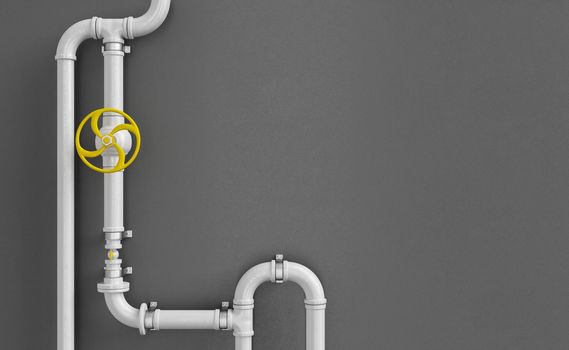 3D illustration of plastic pipes with yellow valve distributing crude oil or gasoline against black background