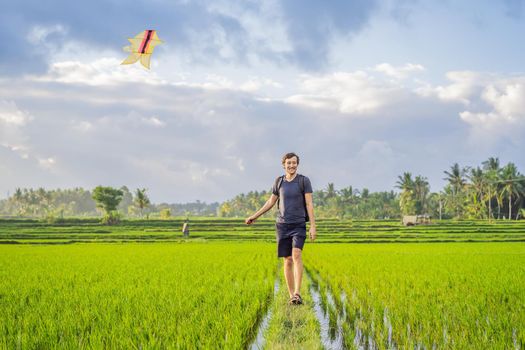 Man launch a kite in a rice field in Ubud, Bali Island, Indonesia.