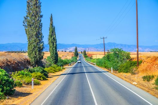 Landscape of Cyprus with cars vehicles riding asphalt road in valley with yellow dry fields, cypress trees and roadside poles, Troodos mountain range and hills, clear blue sky in sunny day background