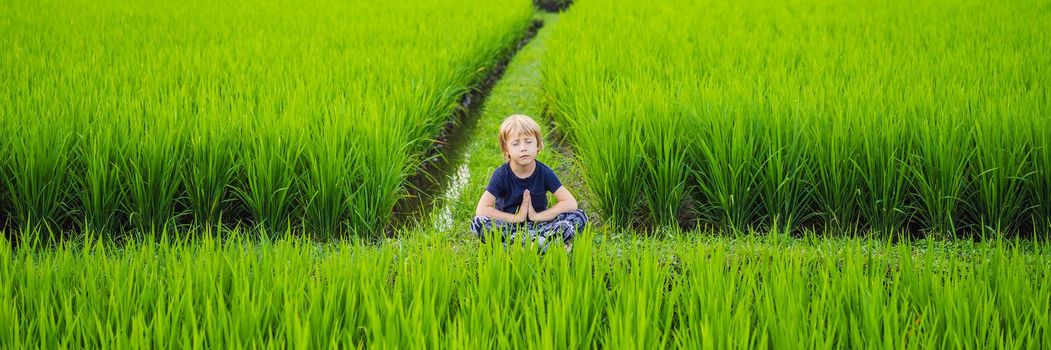 Little boy practices yoga in a rice field, outdoor. Gymnastic exercises. BANNER, LONG FORMAT