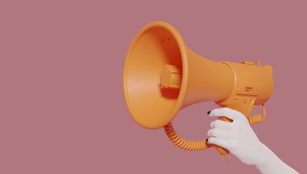 A woman's hand holding a orange megaphone isolated on a pink background. Creative announcement concept. Loud voice of women. Women's rights and voice. Advertisement mock up with copy space for text