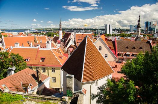 Panoramic view of Old Town of Tallinn with traditional red tile roofs, medieval churches, towers and walls, from Kohtuotsa Vaateplatvorm Toompea Hill, Estonia