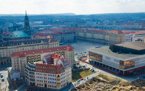 Panoramic view of Dresden city with central square and old buildings from view platform of lutheran church of Our Lady Frauenkirche, Germany