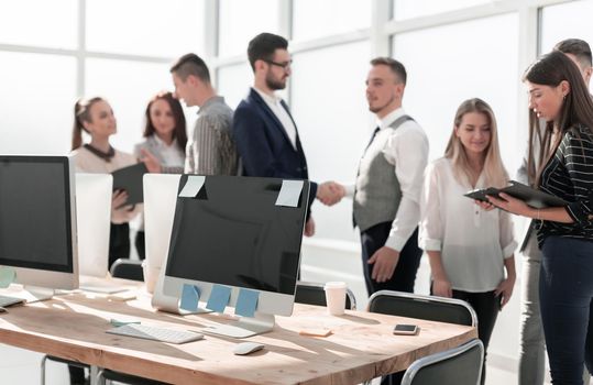 workplace employees in a modern office. photo with copy space