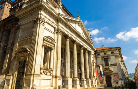 Chiesa di San Filippo Neri catholic church classicism style building with columns in old historical city centre, Turin Torino, Piedmont, Italy