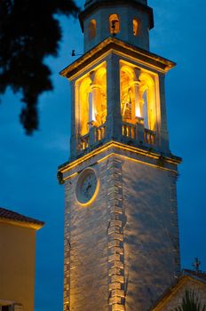 Night evening view of chapel of Saint Ivan church, Budva, Montenegro