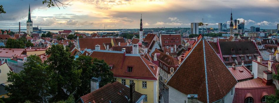 Panoramic view of Old Town of Tallinn with traditional red tile roofs, medieval churches, towers and walls, from Kohtuotsa Vaateplatvorm Toompea Hill, Estonia