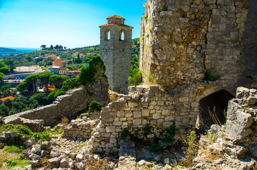 Old Clock tower chapel and ruins of Stari Bar fortress near Bar city, Montenegro