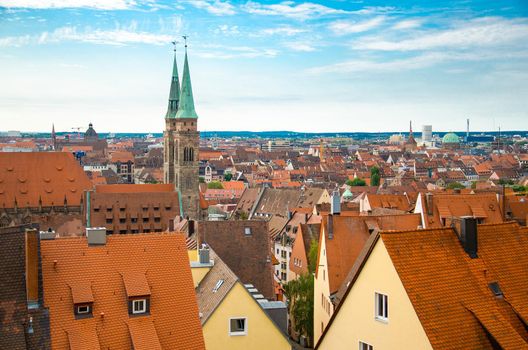 Panoramic view with roofs of the historic old city of Nuremberg Nurnberg, Mittelfranken region, Bavaria, Germany