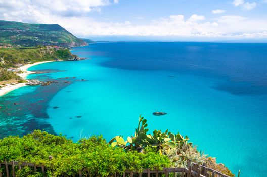 Cape Capo Vaticano Ricadi aerial view from cliffs platform, sandy beach, green mountains, Sicilia island, blue sky white clouds background and cactus plants foreground, Calabria, Southern Italy