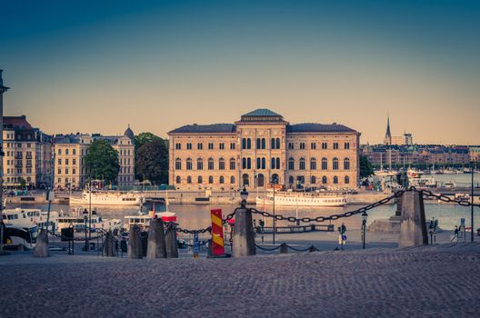 National Museum of Fine Arts Nationalmuseum building located on peninsula Blasieholmen in city centre with near Lake Malaren channel view from old town quarter Gamla Stan, Stockholm, Sweden