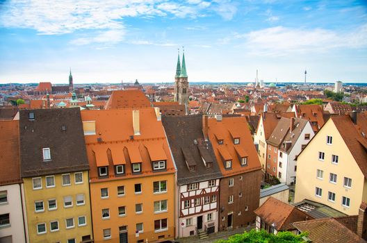 Panoramic view with roofs of the historic old city of Nuremberg Nurnberg, Mittelfranken region, Bavaria, Germany