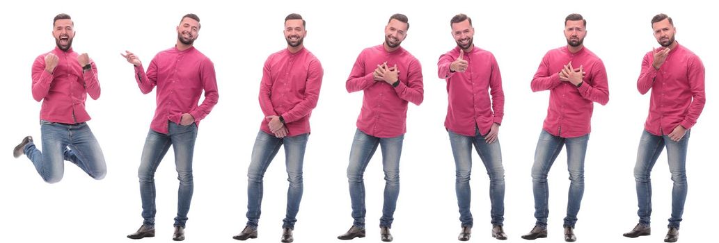 collage of photos of a modern man in a red shirt. isolated on a white background