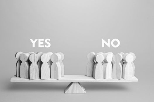 Voting yes or no. People are divided in opinion on the scales. Advantages and disadvantages. Political democratic elections. Divide into opposing factions. Public question. Referendum. Exit poll.