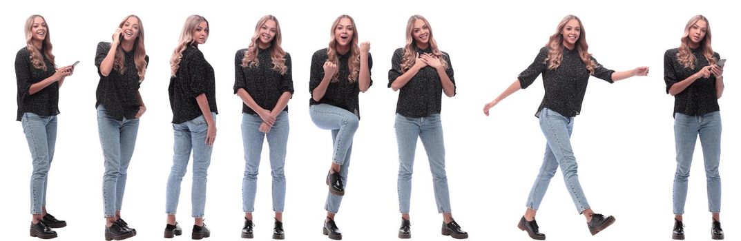 photo collage of a modern young woman with a smartphone. isolated on a white background