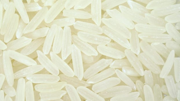 Rice falls on the glass on a bright white background. Macro bottom view of rice. 4k